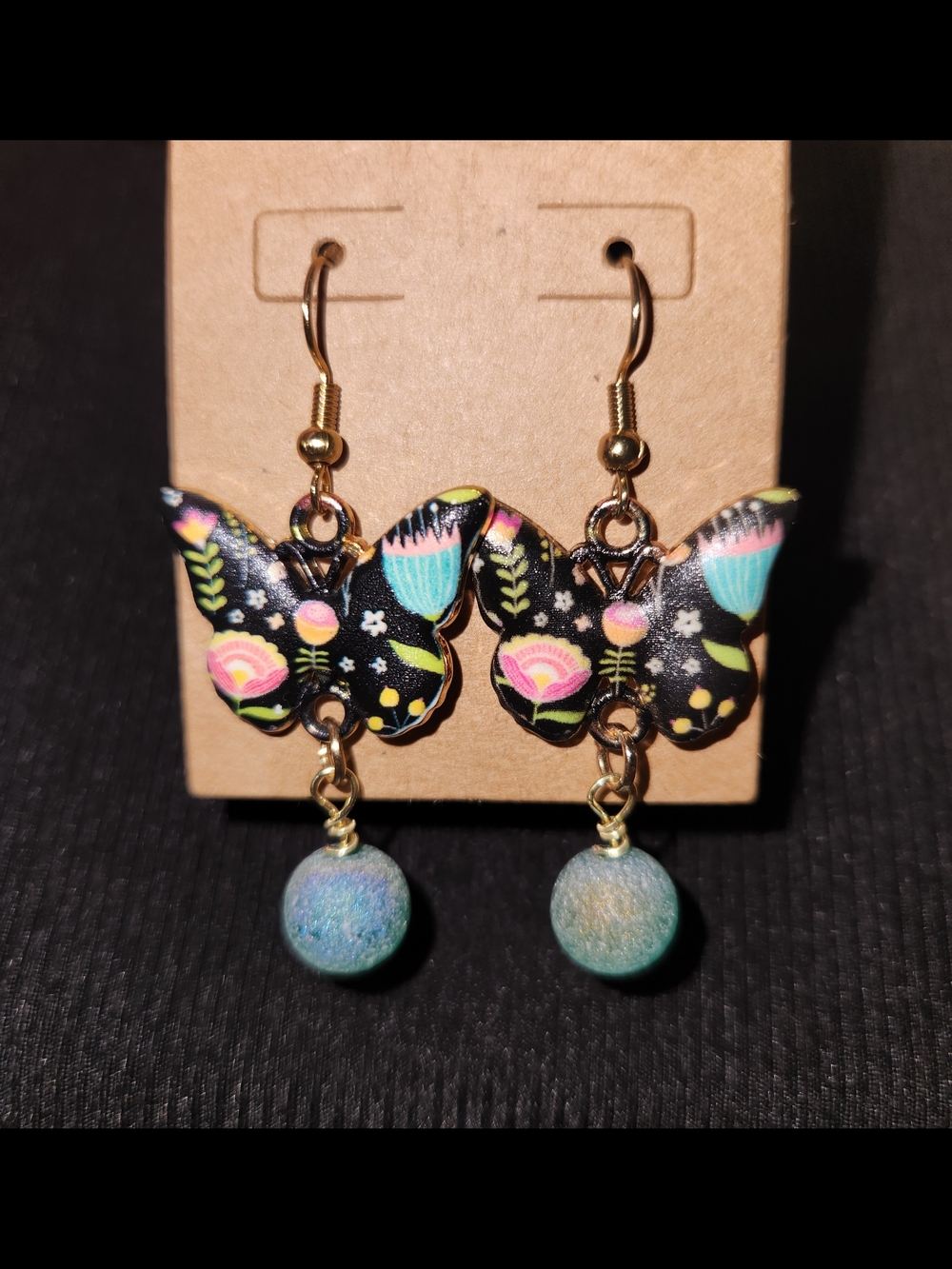 Black Butterfly Drop Earrings with Teal and Pink Accents